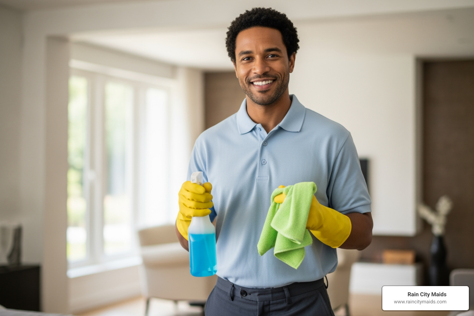 Smiling male cleaning professional in yellow gloves holding a spray bottle and green microfiber cloth, ready to provide deep cleaning services in a bright, modern home setting.