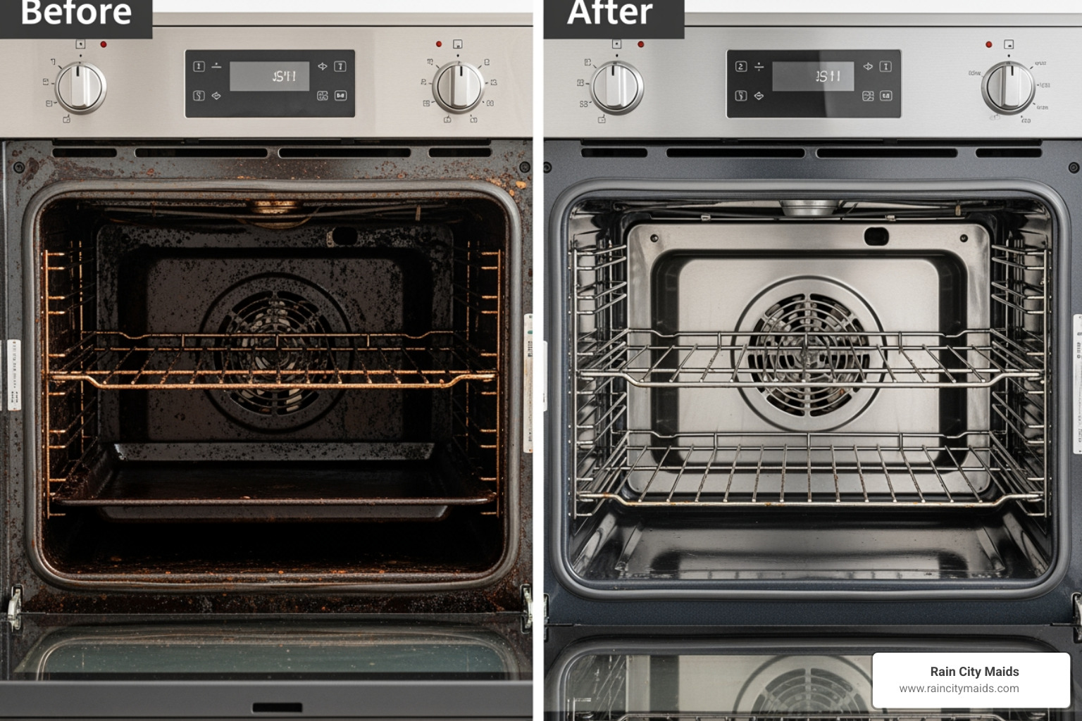 Before and after comparison of an oven interior, showcasing significant cleaning transformation by Rain City Maids, emphasizing deep cleaning benefits.