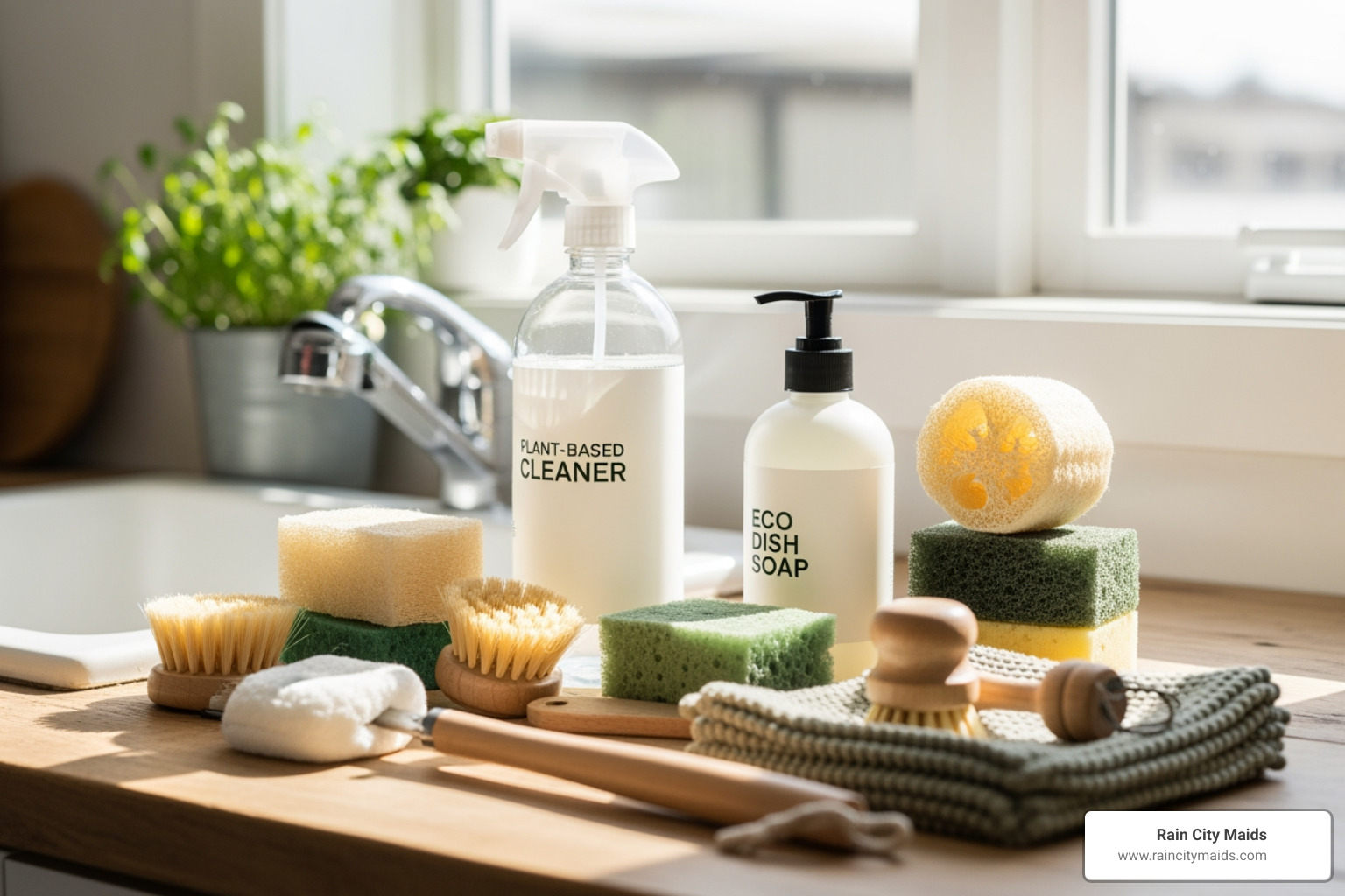 A collection of green, eco-friendly cleaning supplies - spring deep cleaning in seattle, wa