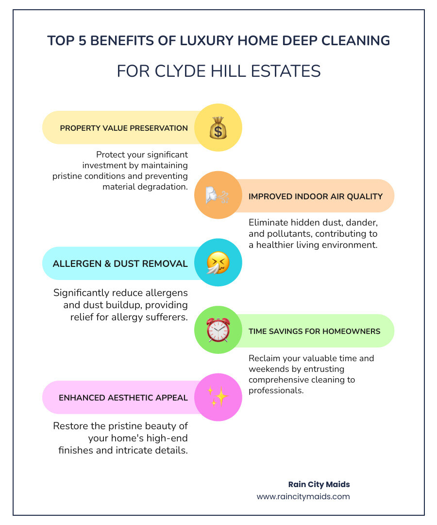infographic showing the top 5 benefits of deep cleaning a luxury home including property value preservation improved indoor air quality removal of allergens and dust time savings for homeowners and enhanced aesthetic appeal - deep cleaning for luxury homes in clyde hill, wa infographic infographic-line-5-steps-colors