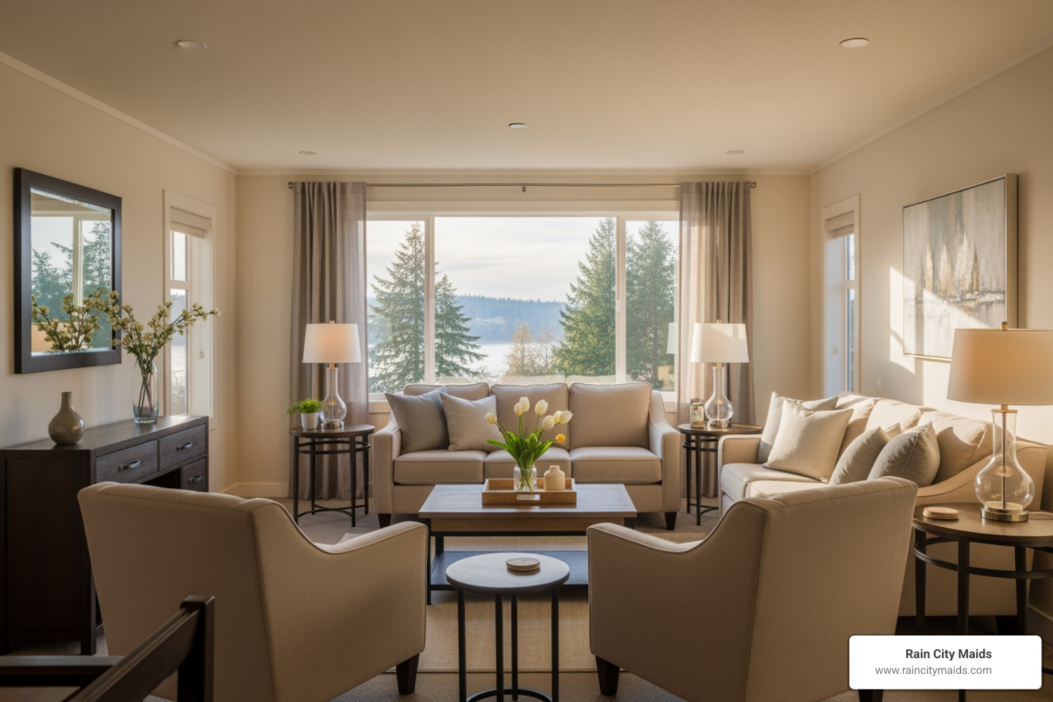 A perfectly tidy living room in Kirkland, WA, ready for unexpected guests, highlighting the peace of mind offered by after-hours cleaning services - 24 hour house cleaning in kirkland, wa