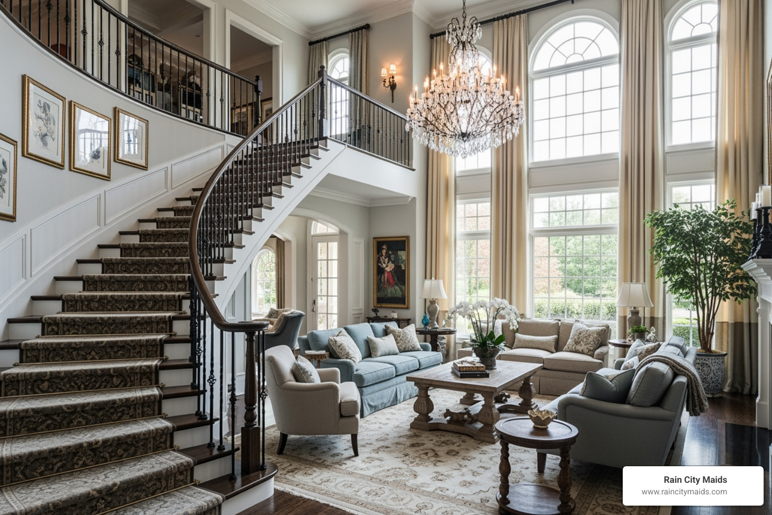 grand staircase or two-story living room in a Clyde Hill home - deep cleaning for luxury homes in clyde hill, wa