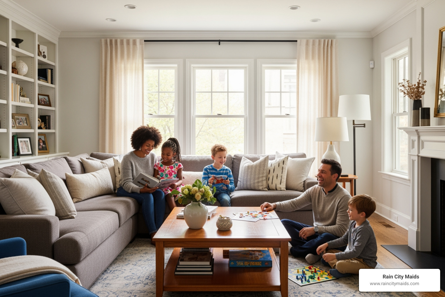 family enjoying a pristine organized living room - deep cleaning for luxury homes in clyde hill, wa