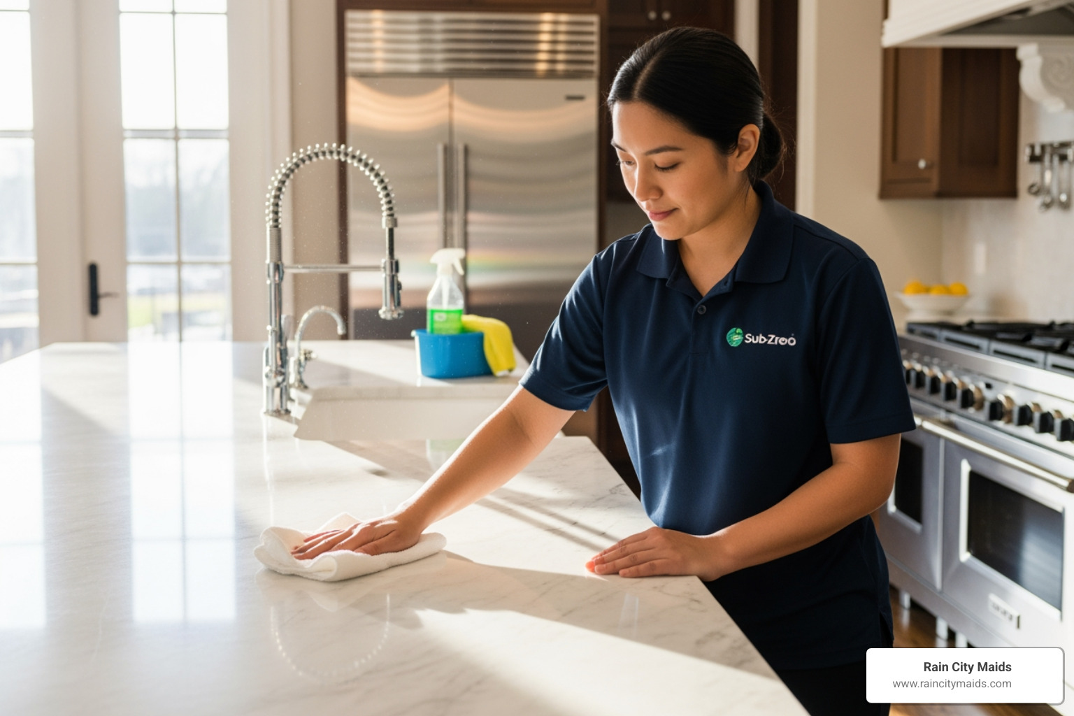 professional carefully cleaning a marble countertop - deep cleaning for luxury homes in clyde hill, wa