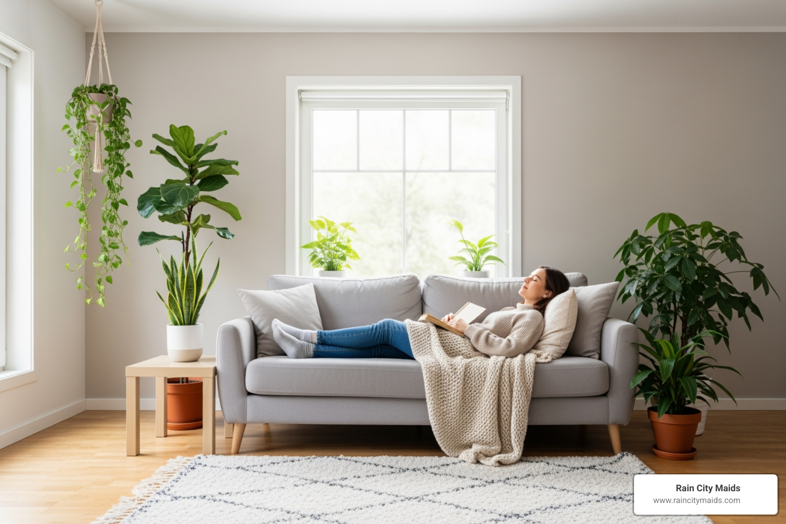 A person relaxing comfortably on a sofa in a beautifully clean and bright living room, surrounded by plants and natural light - 24 hour house cleaning in seattle, wa