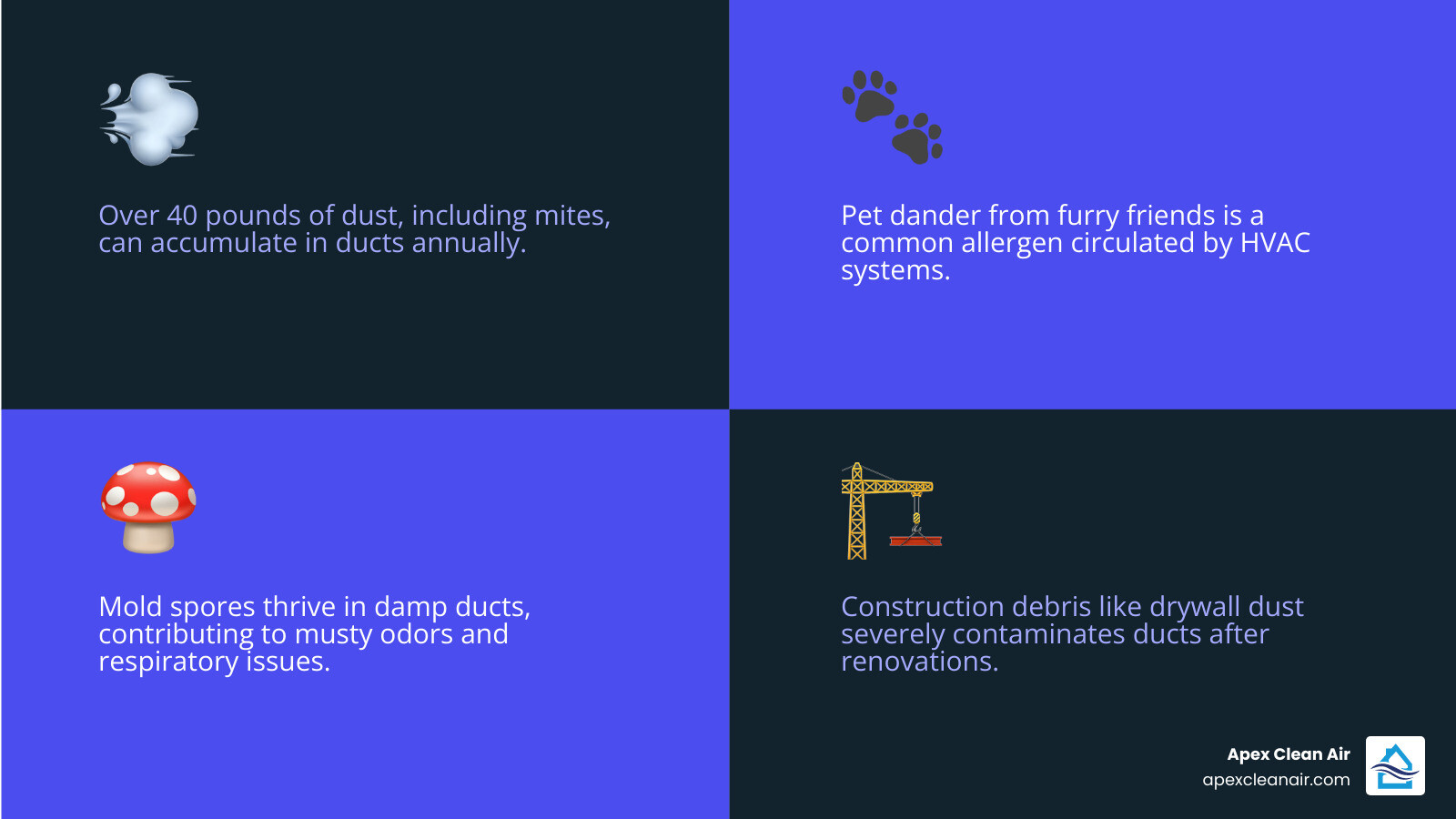 Infographic showing common air duct contaminants including dust particles, pet dander and hair, mold spores, pollen, construction debris like drywall dust, dead skin cells, dust mites, bacteria, and lint fibers, with icons representing each type of pollutant and their typical accumulation in a home HVAC system - air ventilation cleaning services infographic 4_facts_emoji_blue
