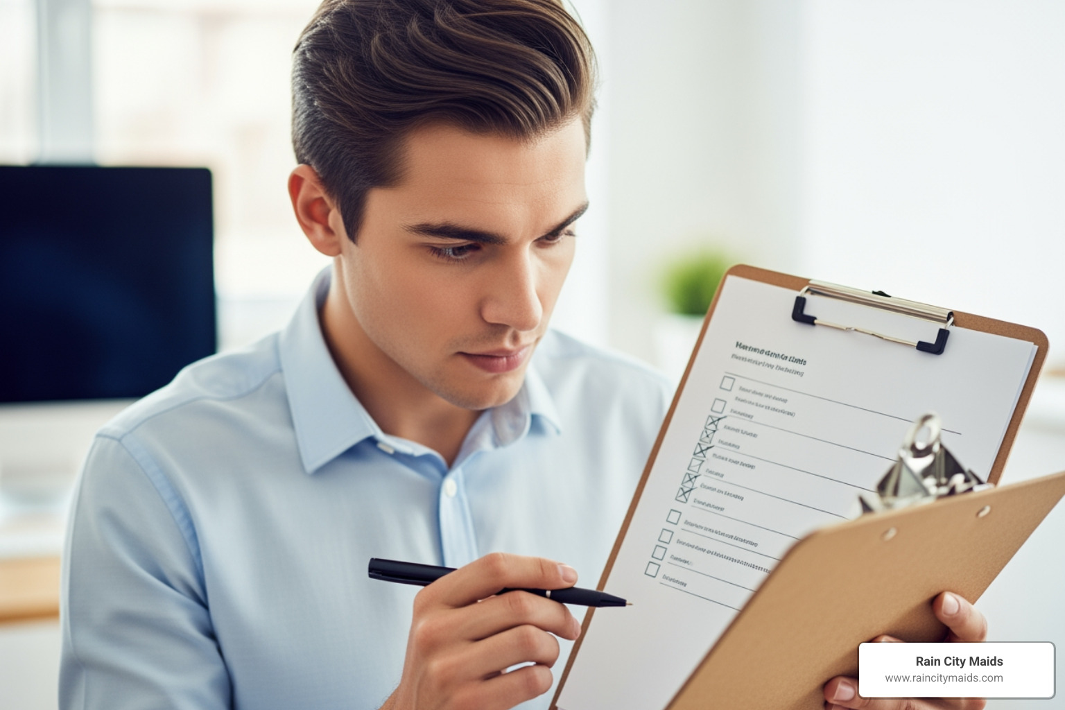 person looking at a checklist on a clipboard - professional cleaners near me in seattle, wa person looking at a checklist on a clipboard - professional cleaners near me in seattle, wa