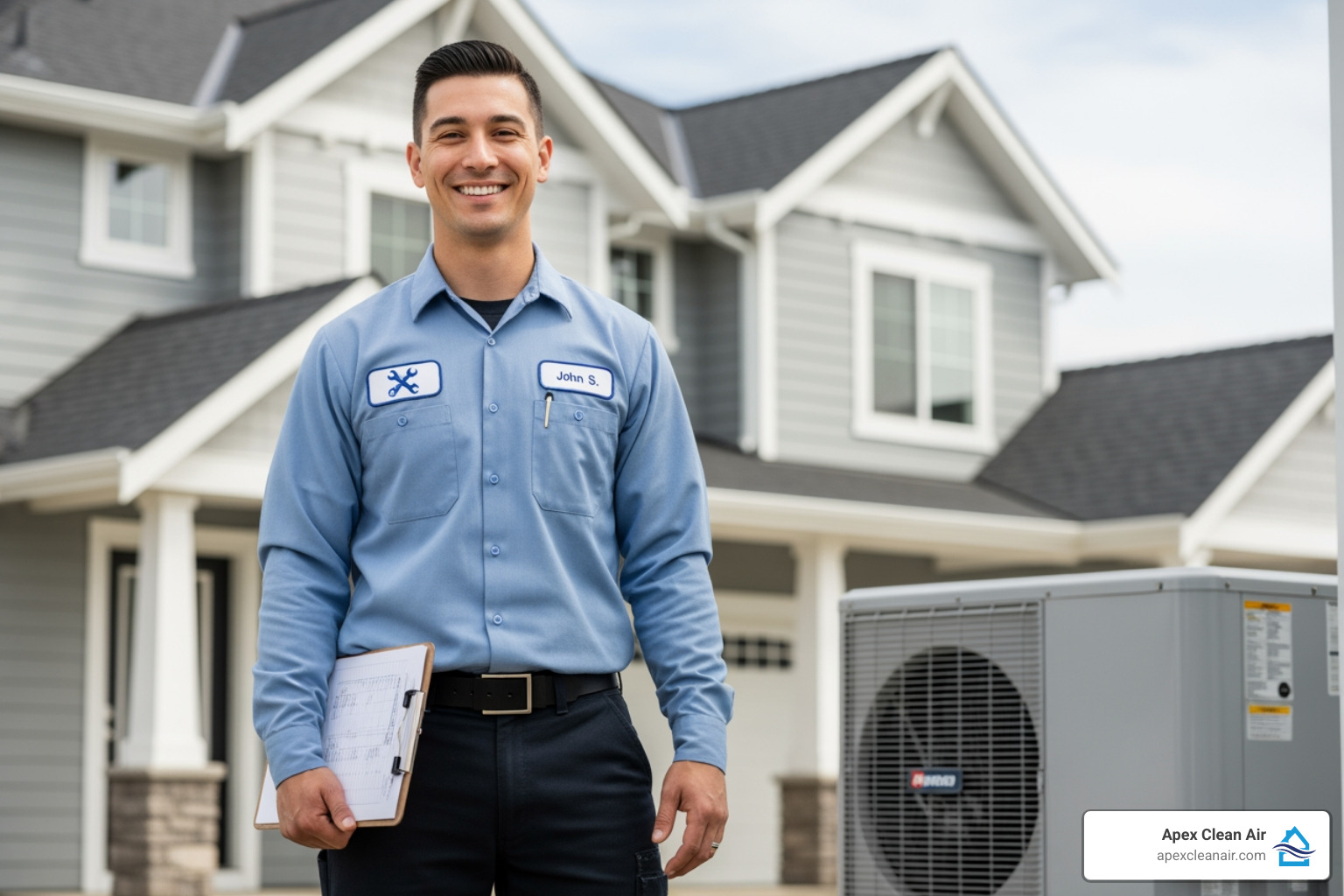 certified technician smiling with clipboard - Heat pump repair Denver
