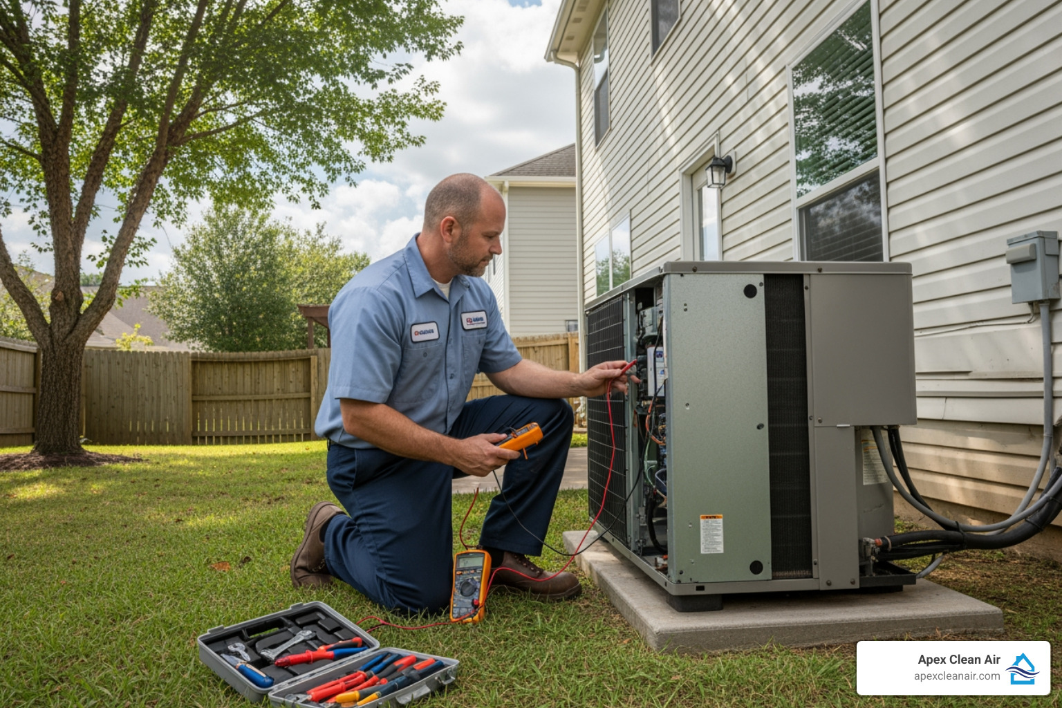 technician inspecting outdoor heat pump unit - Heat pump repair Denver