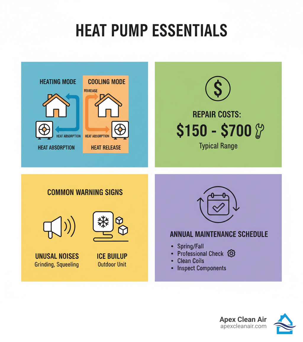 infographic showing heat pump operation in heating and cooling modes with arrows indicating heat transfer, typical repair costs ranging from $150-$700, common warning signs including unusual noises and ice buildup, and annual maintenance schedule - Heat pump repair Denver infographic 