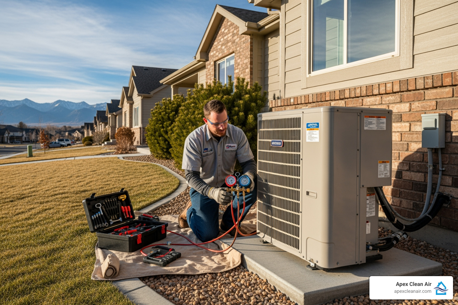 certified technician installing outdoor heat pump unit - heat pump installation denver