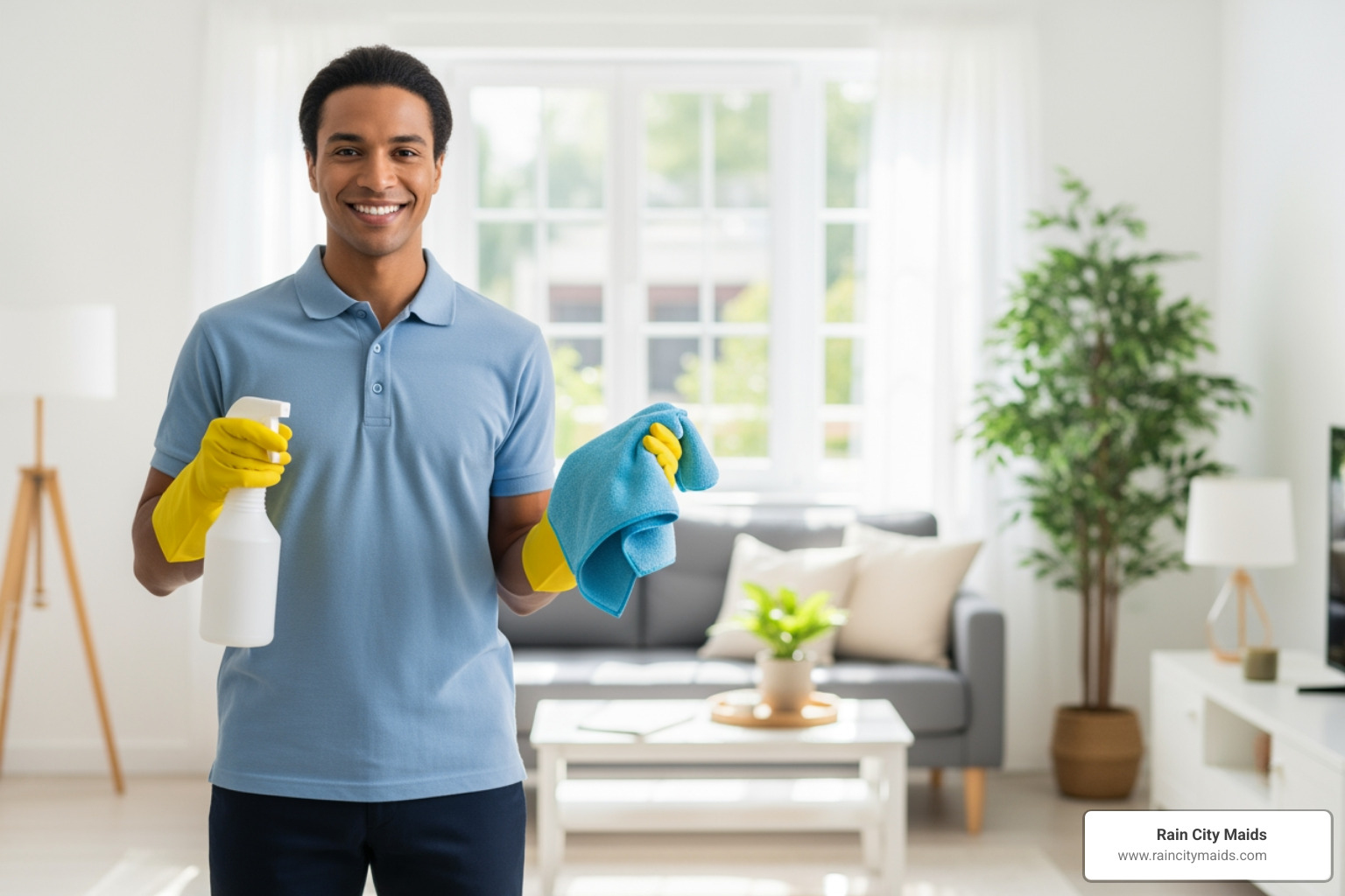 professional cleaner smiling and holding eco-friendly supplies - eco-friendly house cleaning in bothell, wa