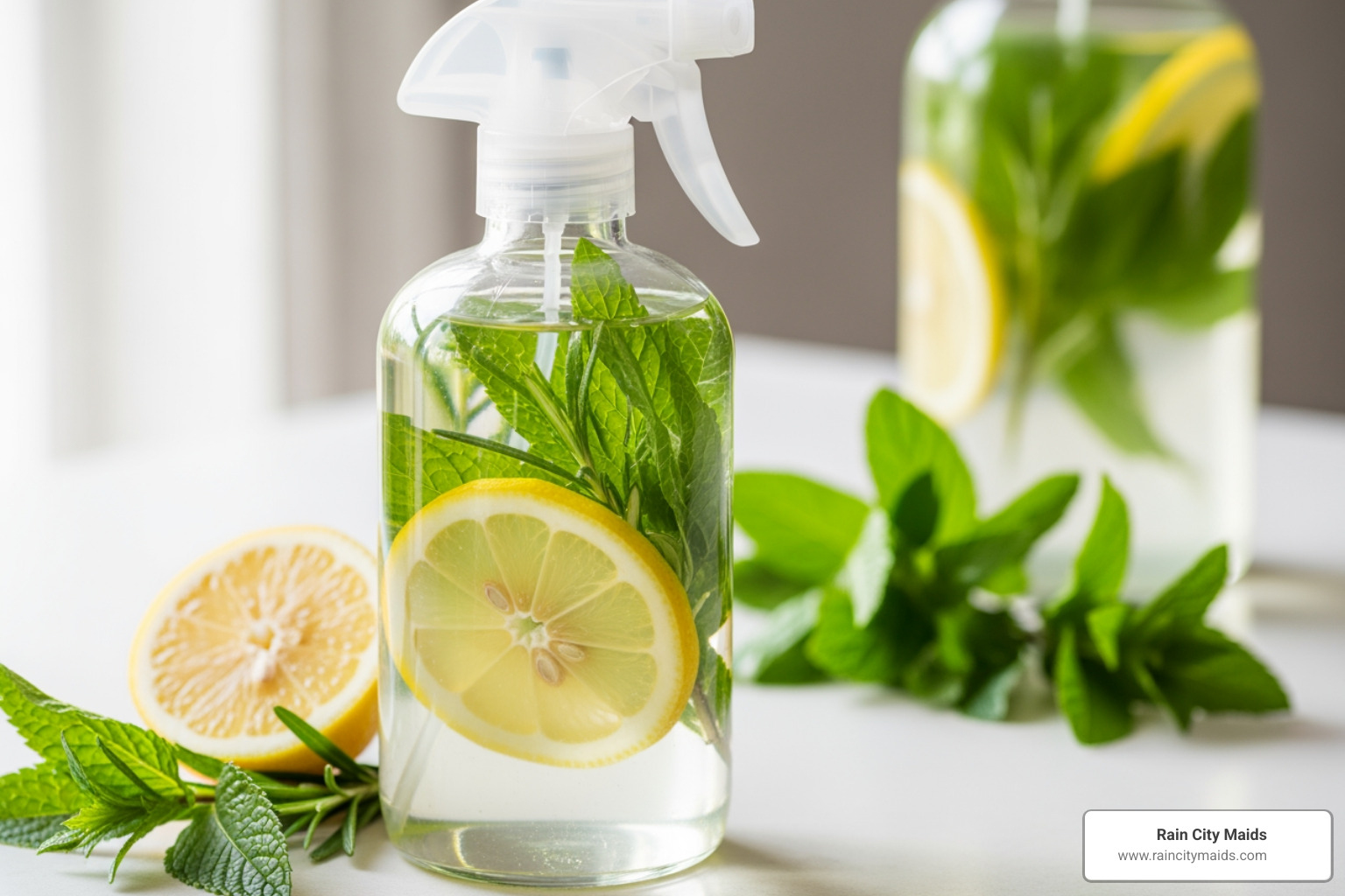 simple DIY cleaning spray bottle with lemon and herbs - eco-friendly house cleaning in bothell, wa