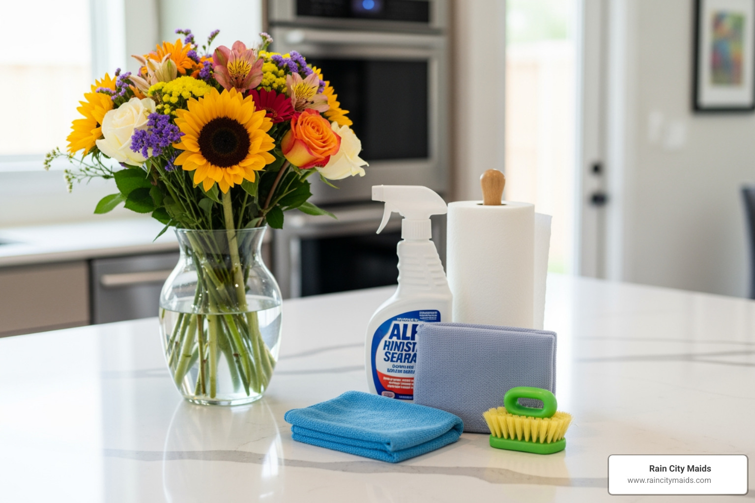 neatly organized countertop with a vase of flowers, ready for cleaning - deep cleaning crew near me in lynnwood, wa