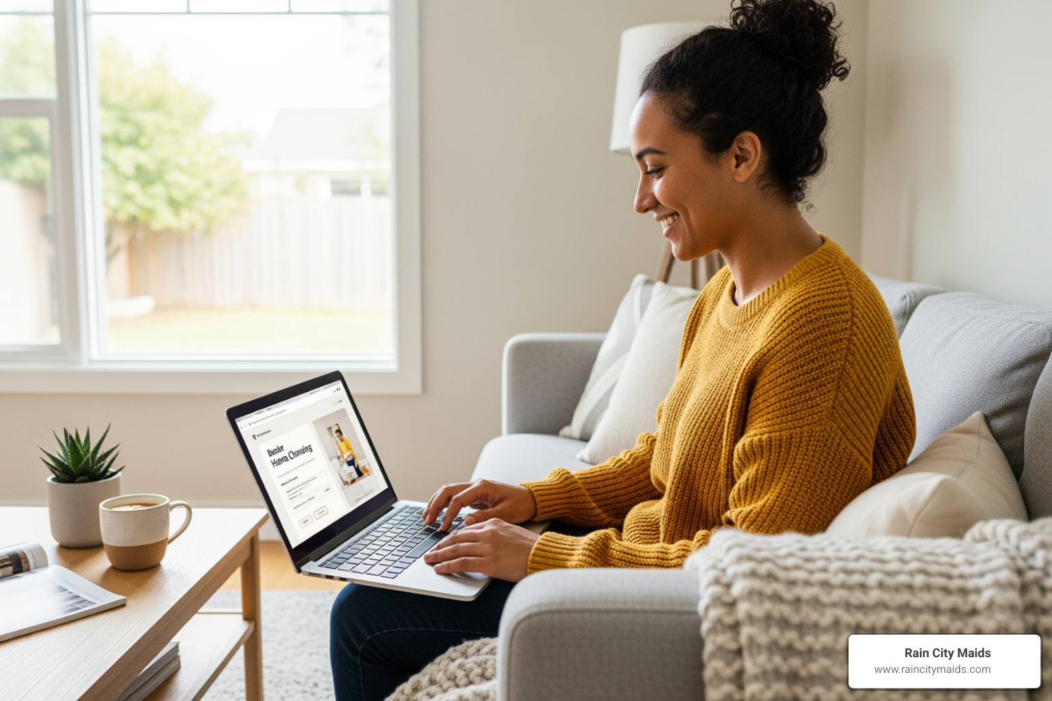 A person comfortably booking a cleaning service on a laptop, smiling - professional deep cleaning in kent, wa A person comfortably booking a cleaning service on a laptop, smiling - professional deep cleaning in kent, wa