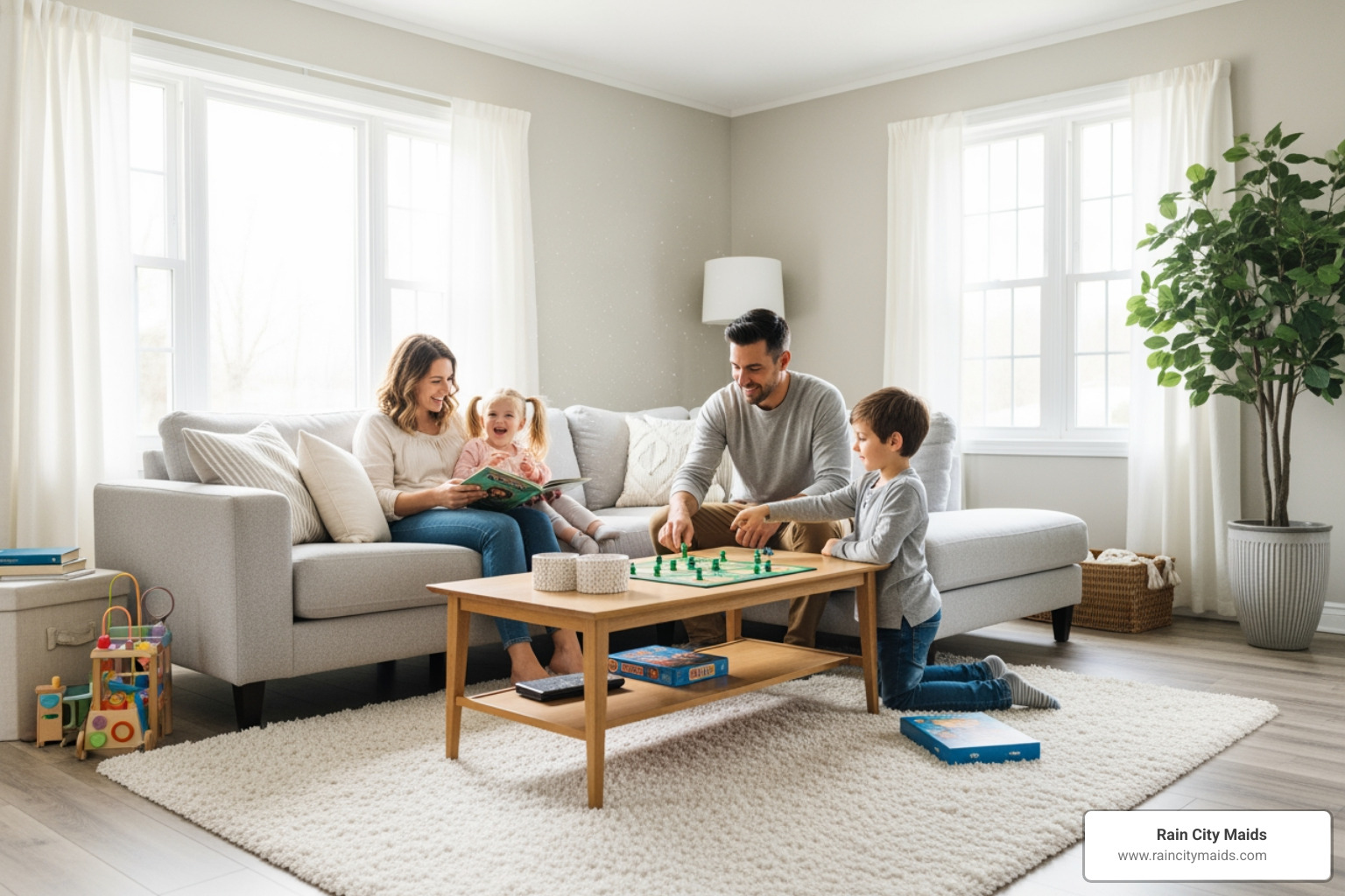 family relaxing and playing in their spotless and airy home - whole home deep cleaning in shoreline, wa