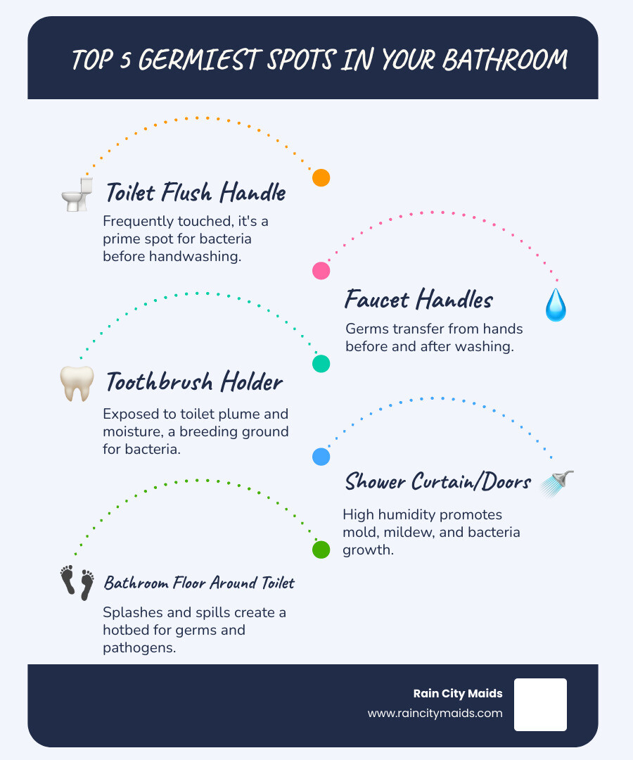 infographic showing the top 5 germiest spots in a typical bathroom - bathroom cleaning service in renton, wa infographic infographic-line-5-steps-blues-accent_colors
