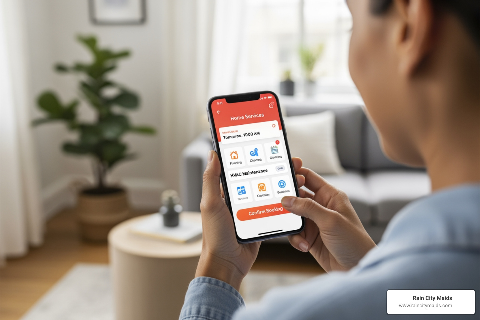 person easily booking a service on their smartphone - bathroom cleaning service in renton, wa