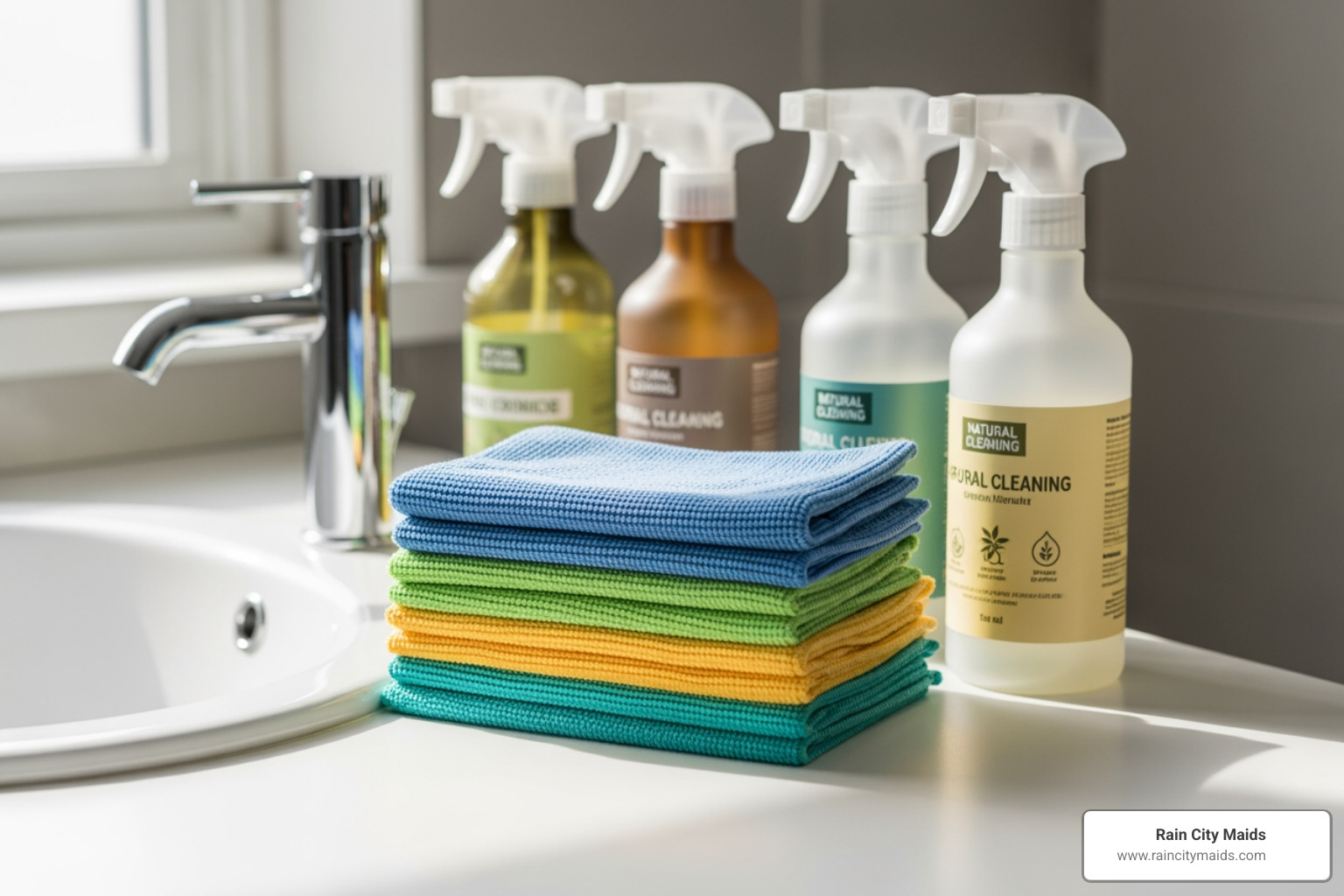 cleaning tools like microfiber cloths and eco-friendly sprays on a bathroom counter - bathroom cleaning service in renton, wa