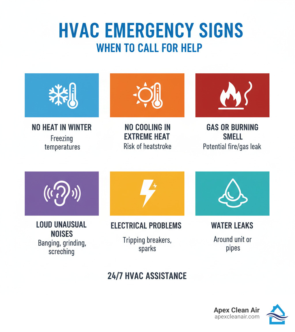 infographic showing key signs of HVAC emergency including no heat in winter, no cooling in extreme heat, gas or burning smell, loud unusual noises, electrical problems, and water leaks - heating and cooling near me 24 hours infographic 