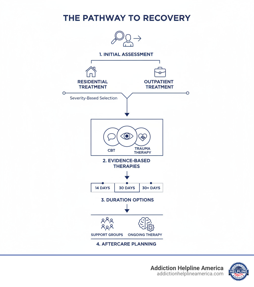 infographic showing the pathway to recovery: initial assessment, residential or outpatient treatment selection based on severity, evidence-based therapies (CBT, EMDR, trauma therapy), duration options (14-30+ days), and aftercare planning including support groups and ongoing therapy - sex addiction treatment center california infographic infographic showing the pathway to recovery: initial assessment, residential or outpatient treatment selection based on severity, evidence-based therapies (CBT, EMDR, trauma therapy), duration options (14-30+ days), and aftercare planning including support groups and ongoing therapy - sex addiction treatment center california infographic