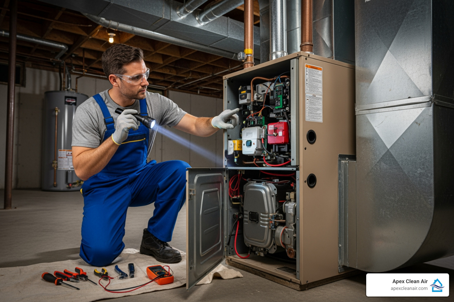 Technician Inspecting Furnace - Heating And Cooling Salt Lake City technician inspecting furnace - heating and cooling salt lake city