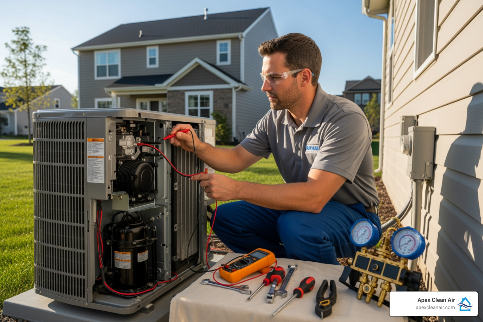 Technician Working On Outdoor Ac Unit - Heating And Cooling Salt Lake City technician working on outdoor AC unit - heating and cooling salt lake city