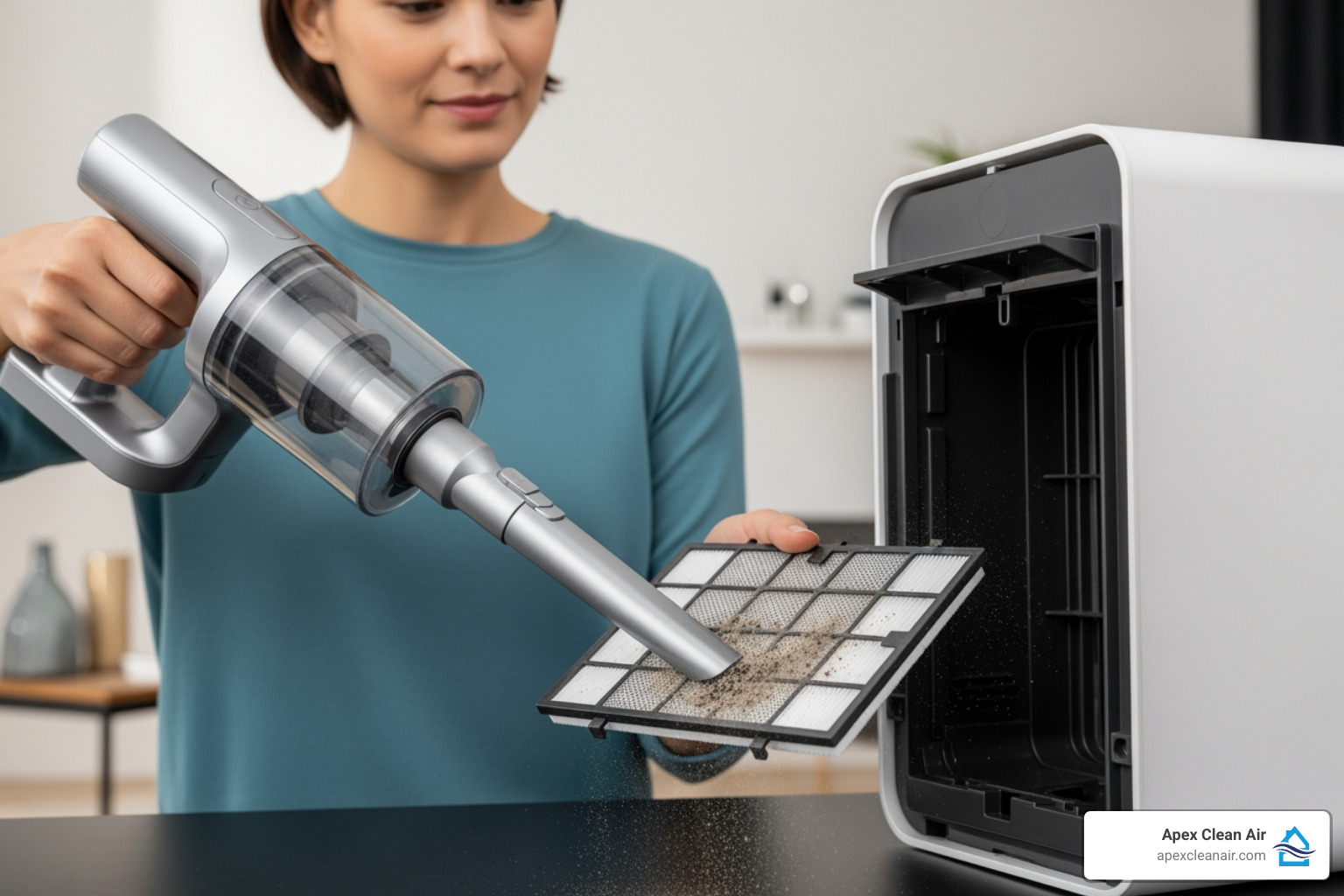 person easily vacuuming a washable pre-filter - air purifier for pet odor