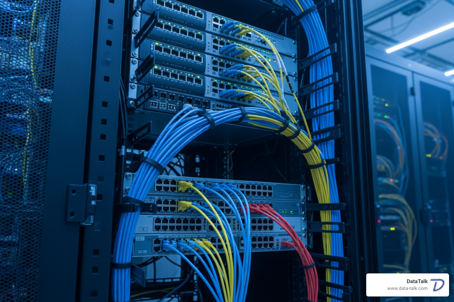 server rack with PBX hardware and network switches - hybrid ip pbx