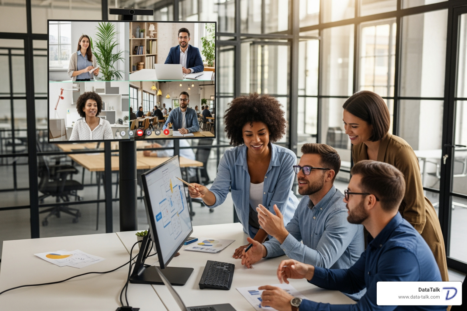 diverse team collaborating, some in-office and some remote - hybrid ip pbx