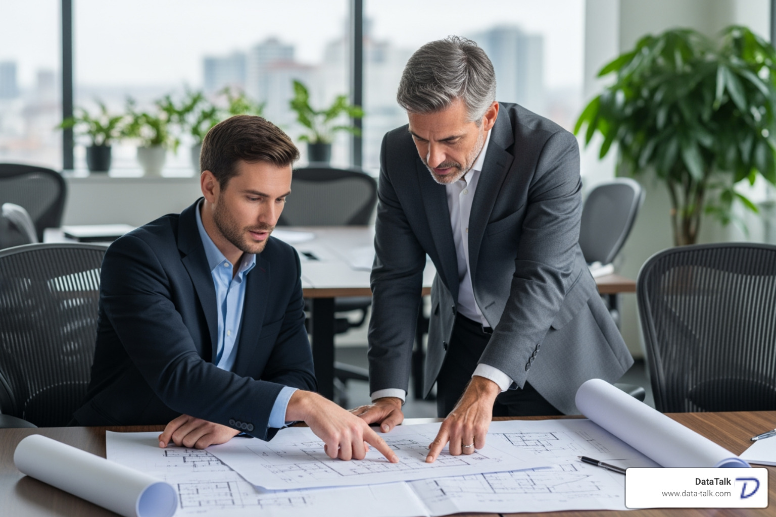 Project manager reviewing blueprints with a client - Structured cabling installation