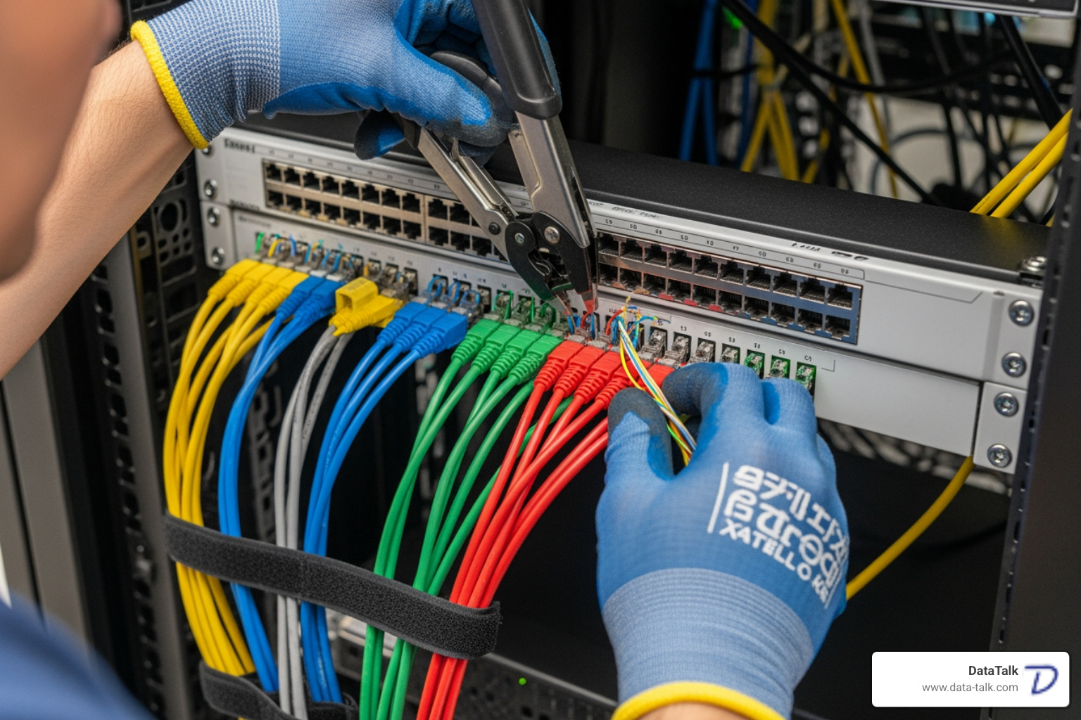 Technician neatly terminating cables into a patch panel - Structured cabling installation
