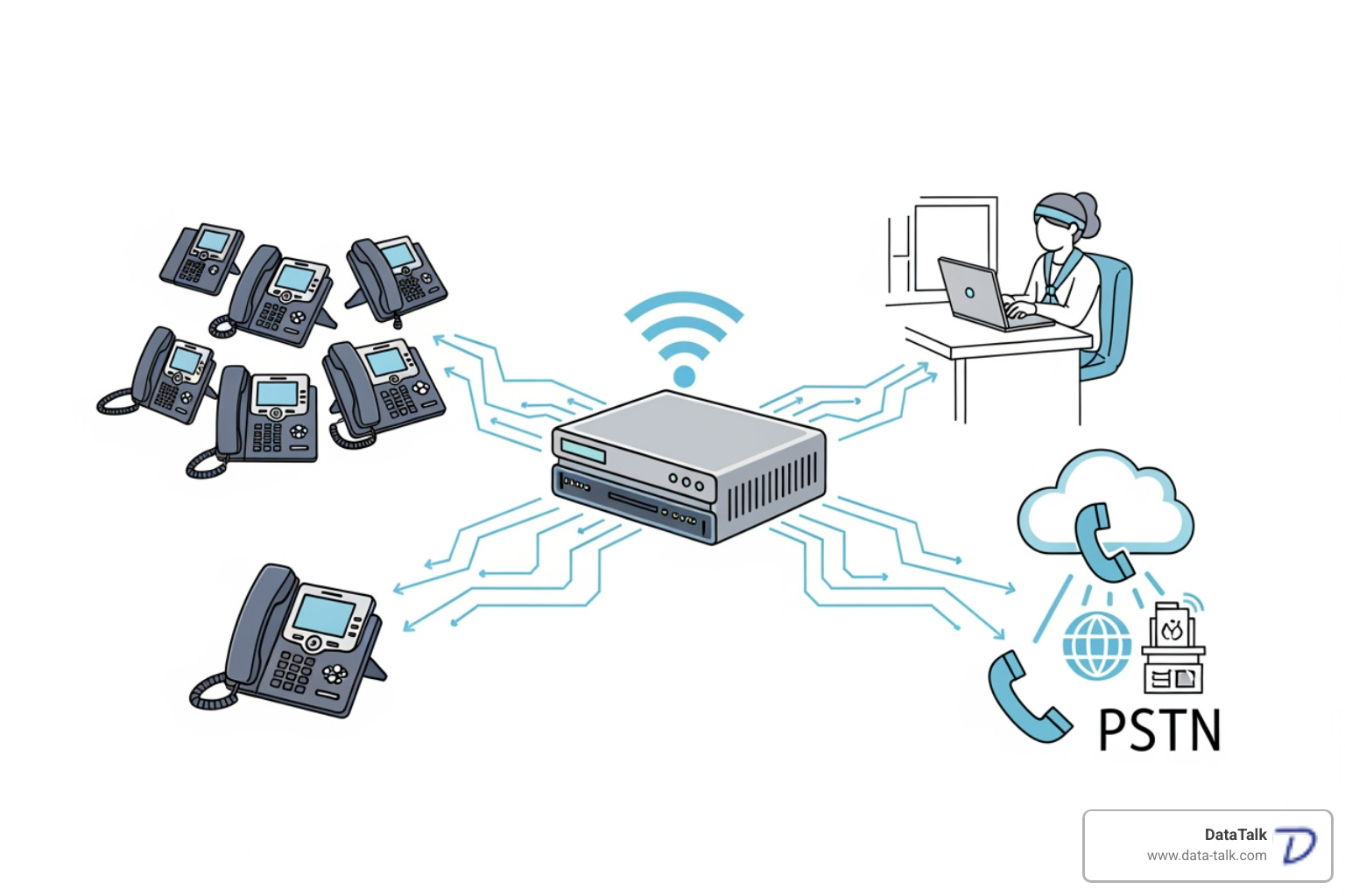 network diagram showing an IP PBX connecting office phones, remote workers, and the PSTN via the internet - ip pbx