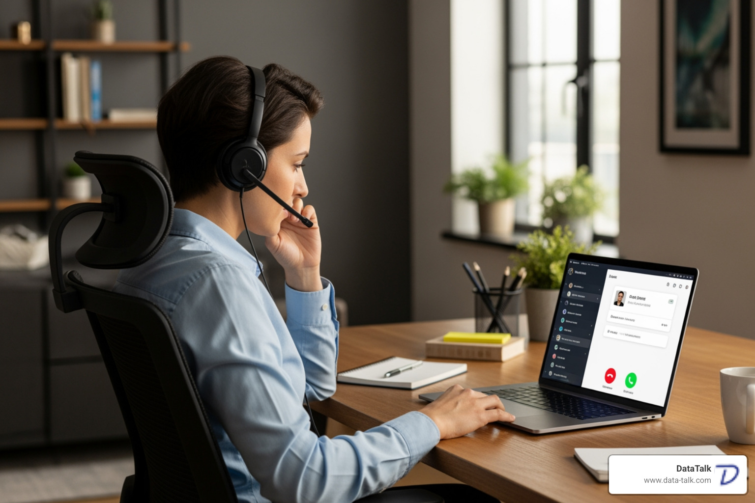 Employee working from home using a softphone on a laptop - cloud ip pbx