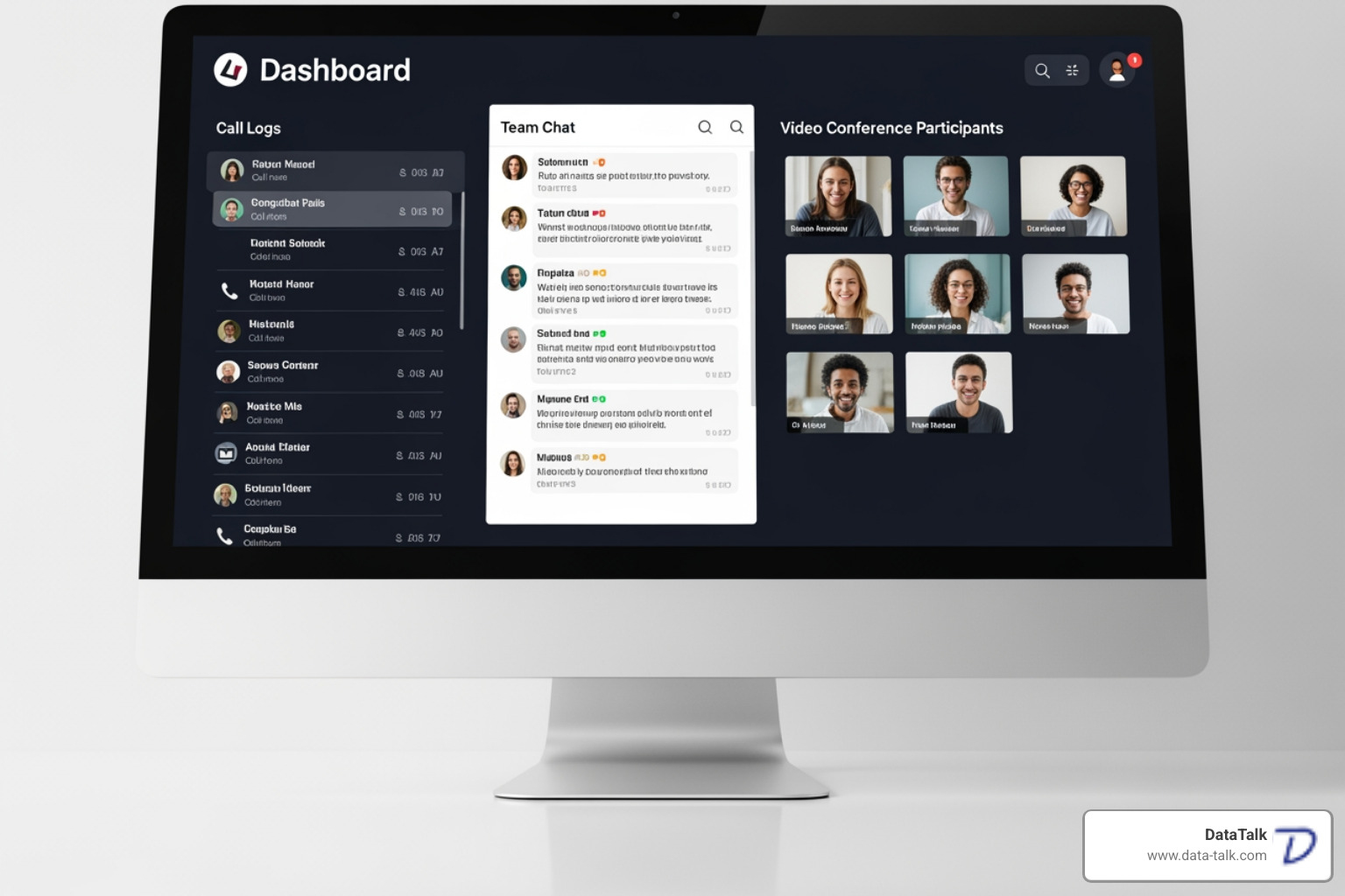 Unified communications dashboard on a computer screen displaying call logs, team chat, and video conference options. - voip phone service columbus ohio