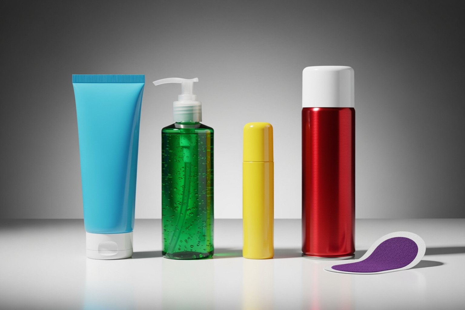 image showing a cream tube, a gel pump, a roll-on applicator, a spray can, and a patch side-by-side - muscle injury cream