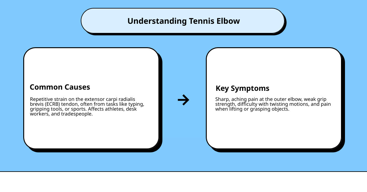 Infographic showing tennis elbow anatomy with the lateral epicondyle and ECRB tendon highlighted, common causes including computer use and sports, and key symptoms such as outer elbow pain and weak grip strength - tennis elbow cream infographic cause_effect_text Infographic showing tennis elbow anatomy with the lateral epicondyle and ECRB tendon highlighted, common causes including computer use and sports, and key symptoms such as outer elbow pain and weak grip strength - tennis elbow cream infographic cause_effect_text