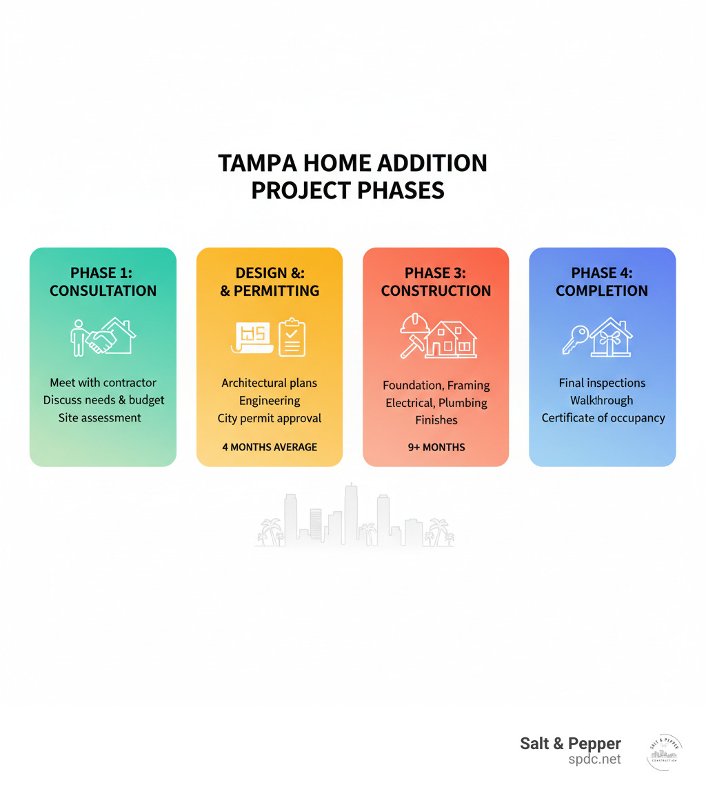 Infographic showing the 4 main phases of a home addition project in Tampa: Phase 1 - Consultation (Meet with contractor, discuss needs and budget, site assessment), Phase 2 - Design & Permitting (Architectural plans, engineering, city permit approval, 4 months average), Phase 3 - Construction (Foundation, framing, electrical, plumbing, finishes, 9+ months), Phase 4 - Completion (Final inspections, walkthrough, certificate of completion) - home addition tampa infographic 