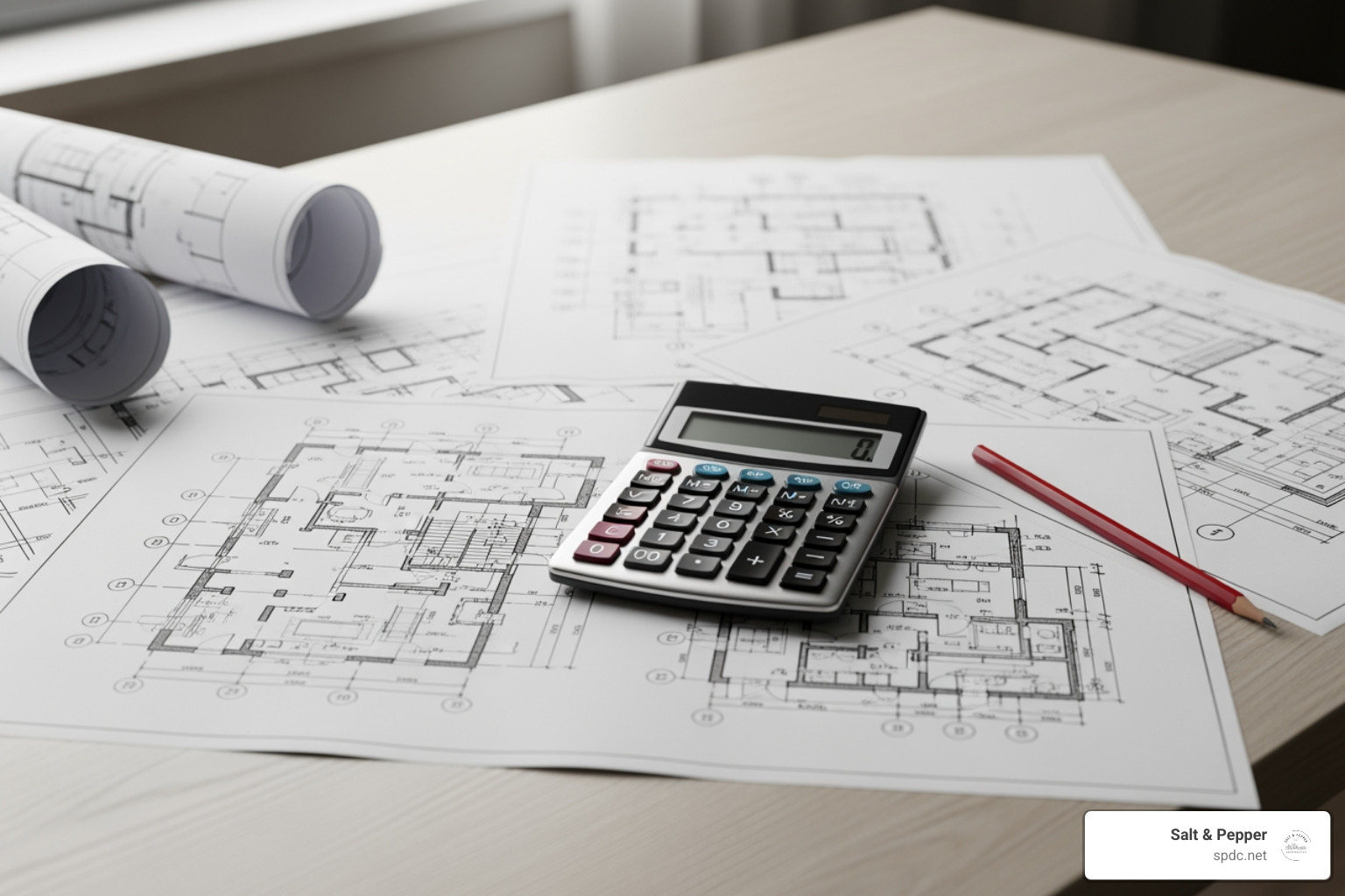 architectural blueprints and a calculator on a desk - home addition tampa