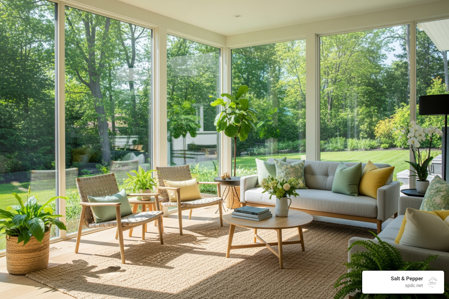 bright, airy sunroom with large windows overlooking a lush backyard - home addition tampa