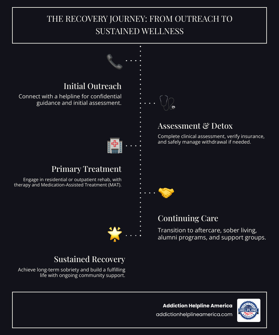 Infographic showing the recovery journey: Initial call to helpline, Assessment and insurance verification, Medical detox if needed, Residential or outpatient treatment with therapy and MAT, Continuing care with support groups, Alumni programs and sober living, Sustained recovery - Treatment centers Maryland infographic infographic-line-5-steps-dark Infographic showing the recovery journey: Initial call to helpline, Assessment and insurance verification, Medical detox if needed, Residential or outpatient treatment with therapy and MAT, Continuing care with support groups, Alumni programs and sober living, Sustained recovery - Treatment centers Maryland infographic infographic-line-5-steps-dark