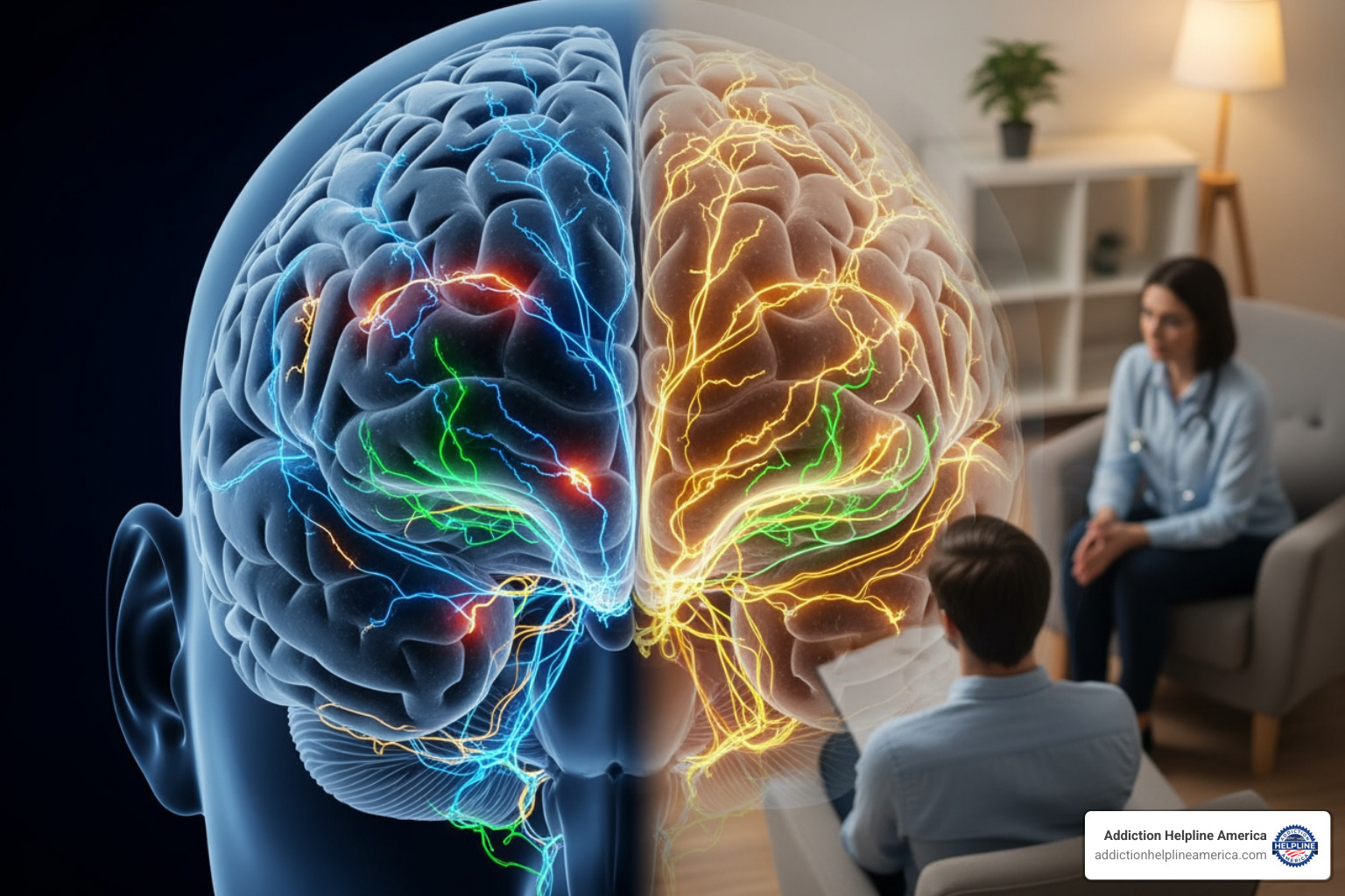 split view of brain with neurotransmitters and person in therapy session - major depression treatments split view of brain with neurotransmitters and person in therapy session - major depression treatments
