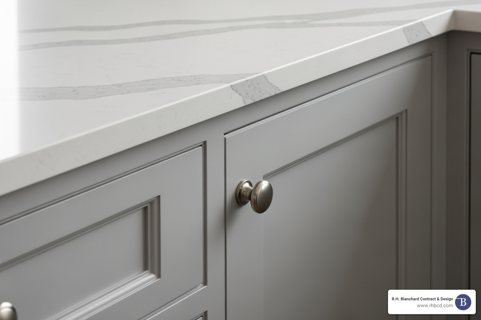 A close-up on high-quality quartz countertops with subtle veining and classic shaker-style cabinets in a light gray, highlighting the texture and finish. - boston kitchen remodeler A close-up on high-quality quartz countertops with subtle veining and classic shaker-style cabinets in a light gray, highlighting the texture and finish. - boston kitchen remodeler