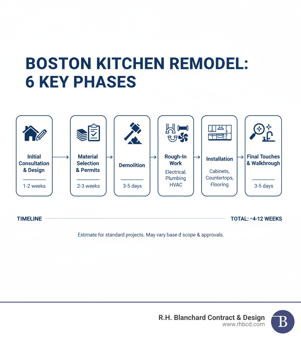 Infographic showing the 6 key phases of a Boston kitchen remodel: 1) Initial Consultation & Design (1-2 months), 2) Material Selection & Permits (2-4 weeks), 3) Demolition (2-5 days), 4) Rough-In Work - Electrical, Plumbing, HVAC (2-4 weeks), 5) Installation - Cabinets, Countertops, Flooring (2-4 weeks), 6) Final Touches & Walkthrough (1-2 weeks) - boston kitchen remodeler infographic Infographic showing the 6 key phases of a Boston kitchen remodel: 1) Initial Consultation & Design (1-2 months), 2) Material Selection & Permits (2-4 weeks), 3) Demolition (2-5 days), 4) Rough-In Work - Electrical, Plumbing, HVAC (2-4 weeks), 5) Installation - Cabinets, Countertops, Flooring (2-4 weeks), 6) Final Touches & Walkthrough (1-2 weeks) - boston kitchen remodeler infographic