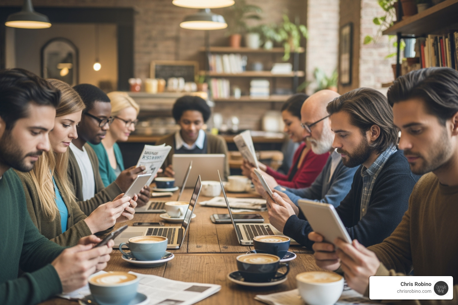 diverse group of people reading news on their phones in a local coffee shop - digital first media