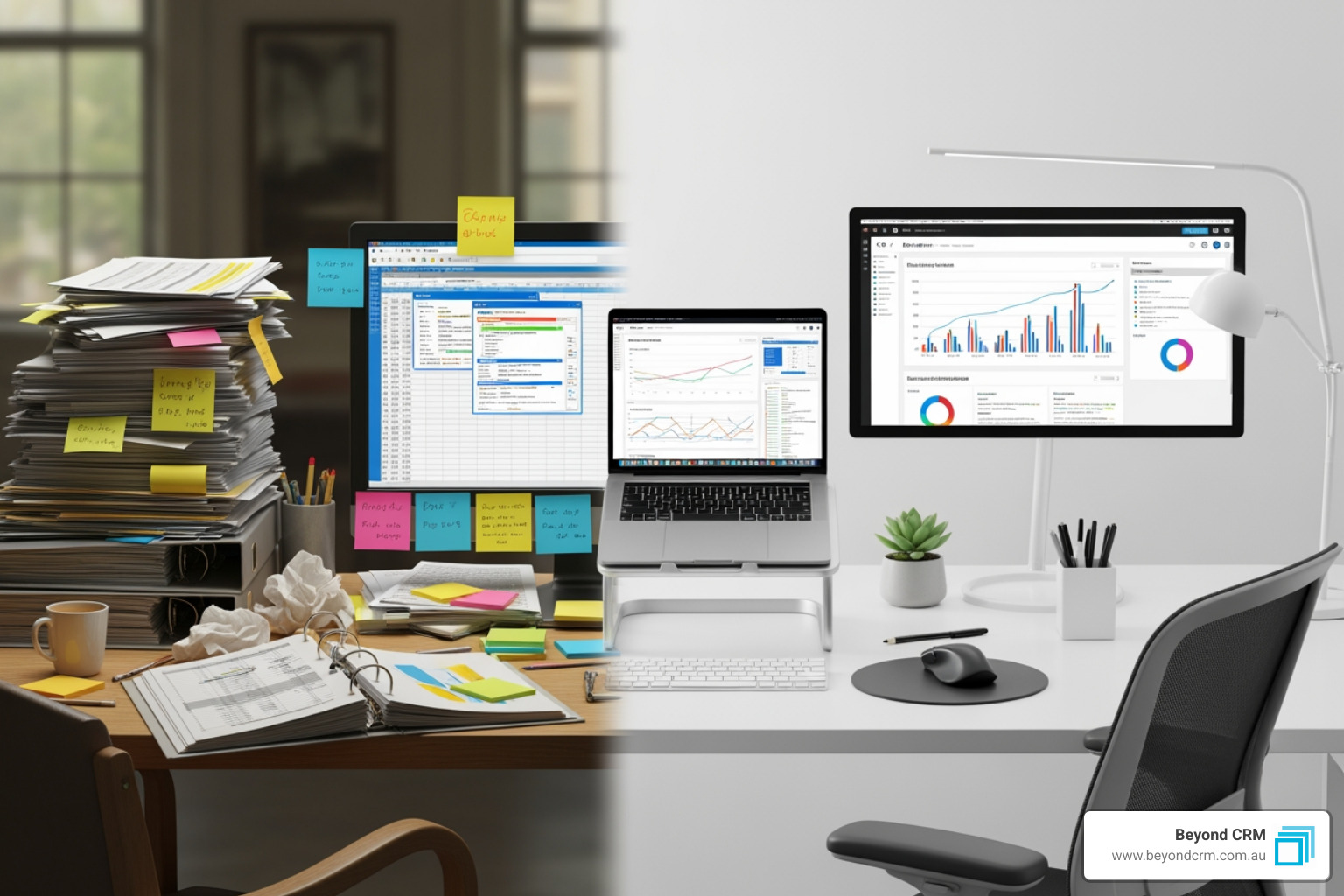 cluttered desk with spreadsheets contrasted with clean desk showing crm dashboard - should i use a crm for my small business cluttered desk with spreadsheets contrasted with clean desk showing crm dashboard - should i use a crm for my small business
