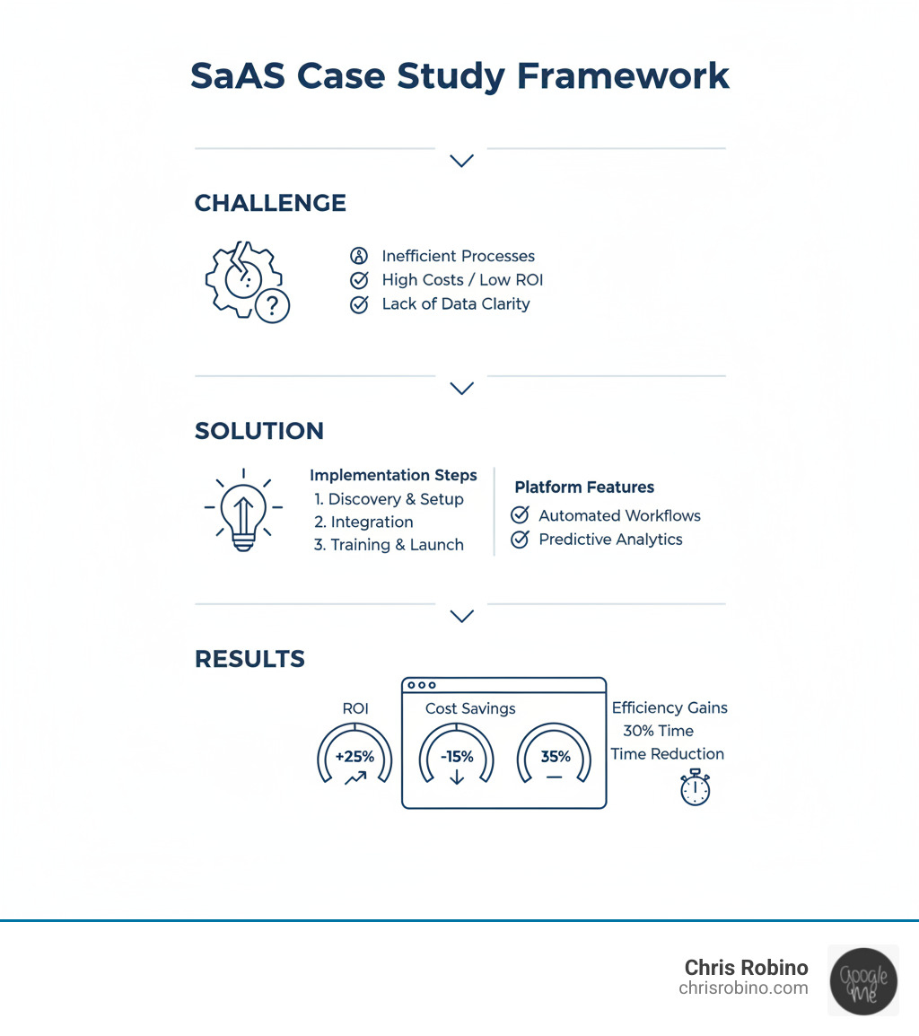 Infographic showing the Challenge-Solution-Results framework: Top section labeled "Challenge" with problem icon and pain points list; middle section labeled "Solution" with implementation steps and product features; bottom section labeled "Results" with metrics dashboard showing ROI, cost savings, and efficiency gains; arrows connecting each section downward - SaaS case studies infographic 