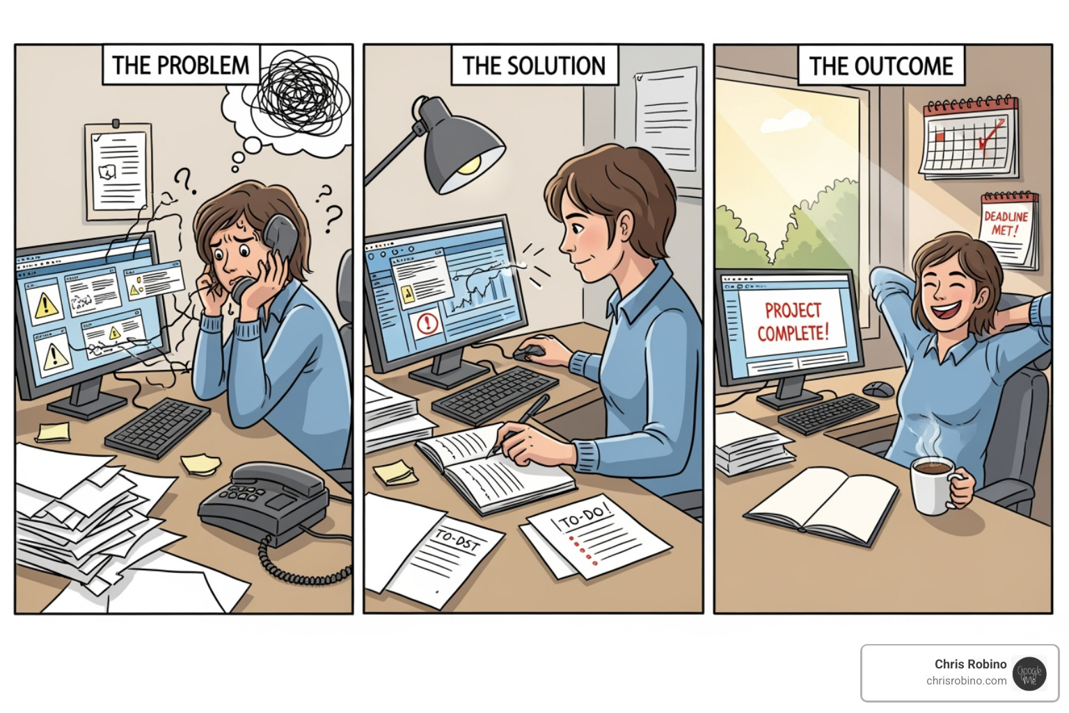 Storyboard showing a problem, a solution, and a positive outcome - SaaS case studies