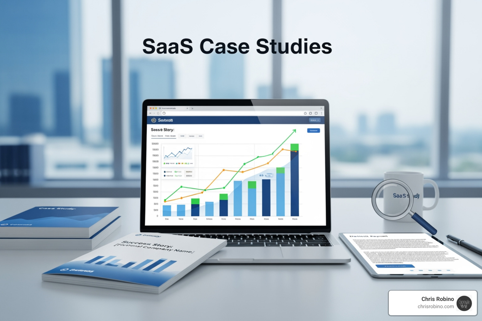 Case study shown on a laptop, tablet, and phone to represent shareability - SaaS case studies