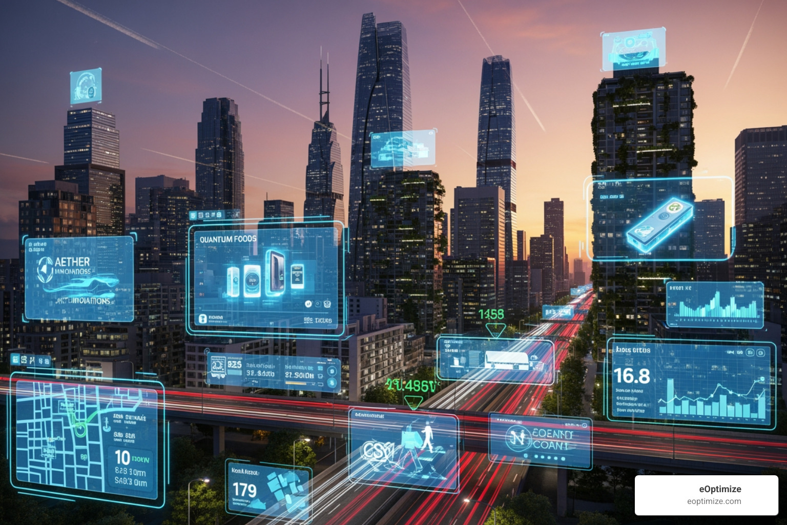 futuristic cityscape with AR overlays showing business information - augmented reality SEO